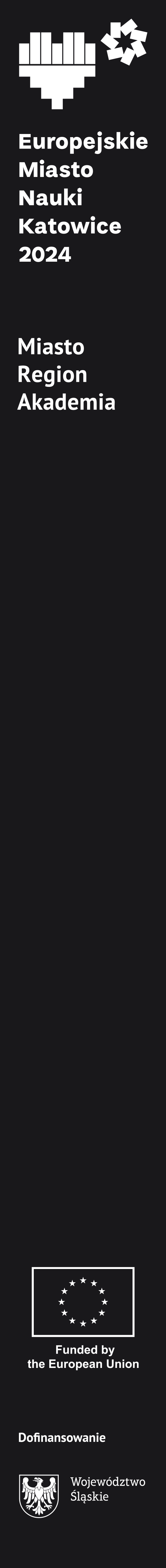 Grafika z prawej strony przedstawiająca logo europejskiego miasta nauki katowice 2024, tekst Miasto Region Akademia