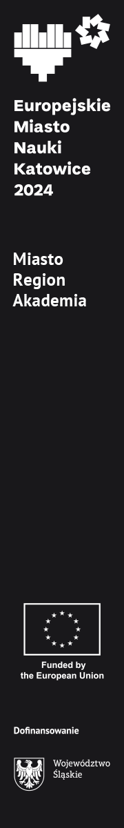 Grafika z prawej strony przedstawiająca logo europejskiego miasta nauki katowice 2024, tekst Miasto Region Akademia